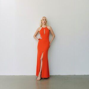 Jay Godfrey Elegant Mermaid Halter High Front Slit Long Keyhole Front Red Sz 4